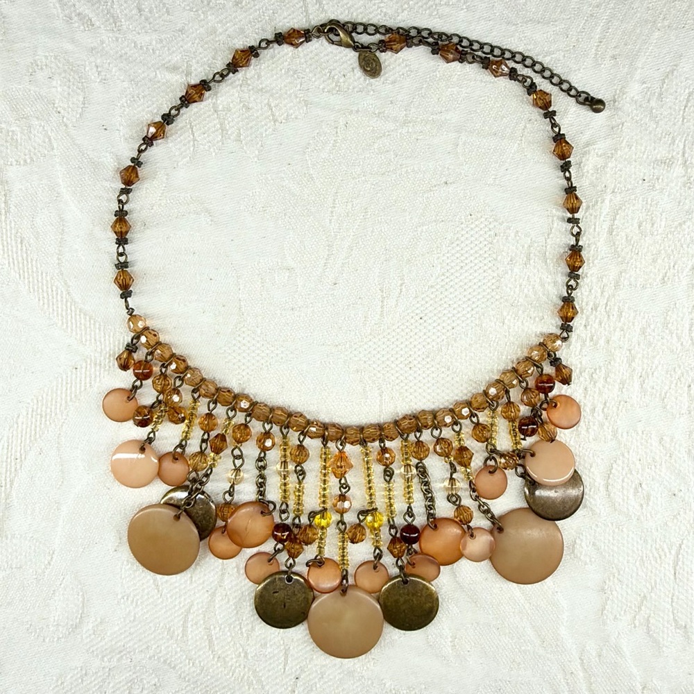 Vtg Premier Designs Free Fall Fringe Necklace Brass Discs Amber Crystals Lucite